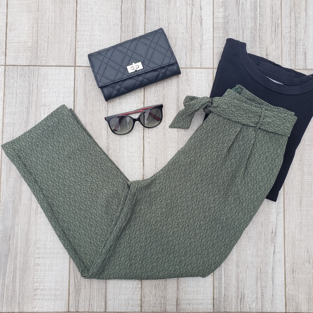 Green Textured Patterned Paperbag Pant Small Lush Nordstrom Waist Tie Belt